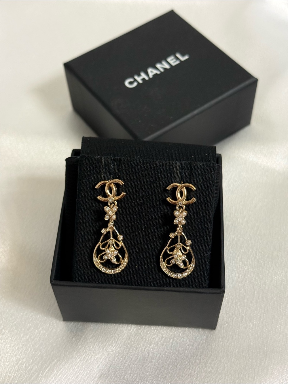 CHANEL Gold and Cream Pearl Crystal CC Flower Drop Earrings